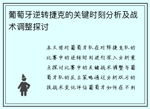 葡萄牙逆转捷克的关键时刻分析及战术调整探讨