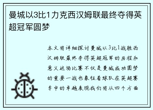 曼城以3比1力克西汉姆联最终夺得英超冠军圆梦 曼城以3比1力克西汉姆联最终夺得英超冠军圆梦